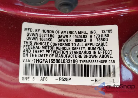 2006 Honda Civic Lx from USA, damaged, VIN 1HGFA16586L033109